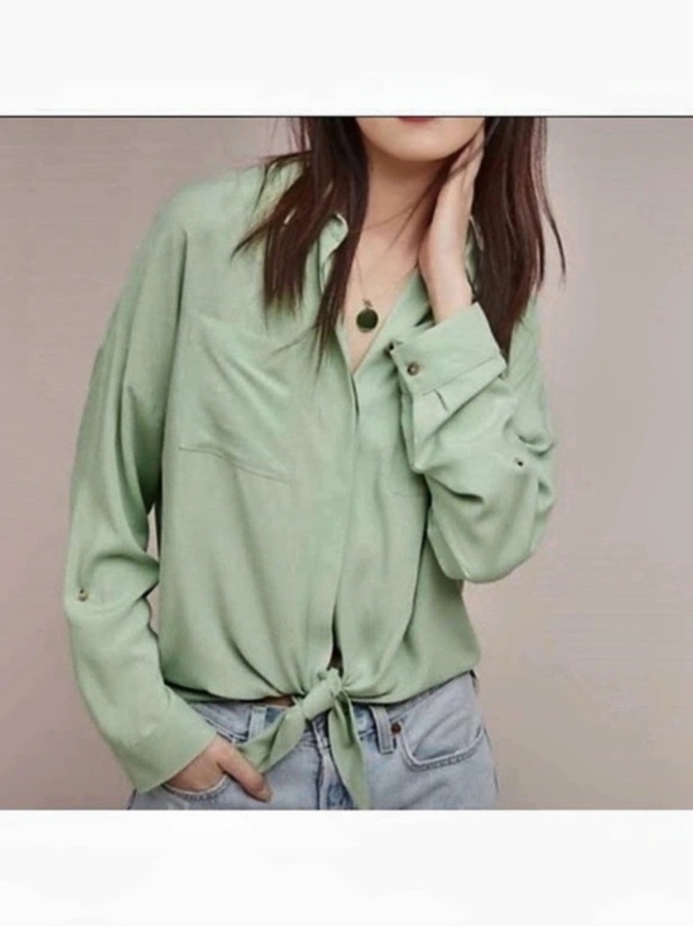 Maeve by Anthropologie Tie-Front Shirt Women's Green Button Down Shirt